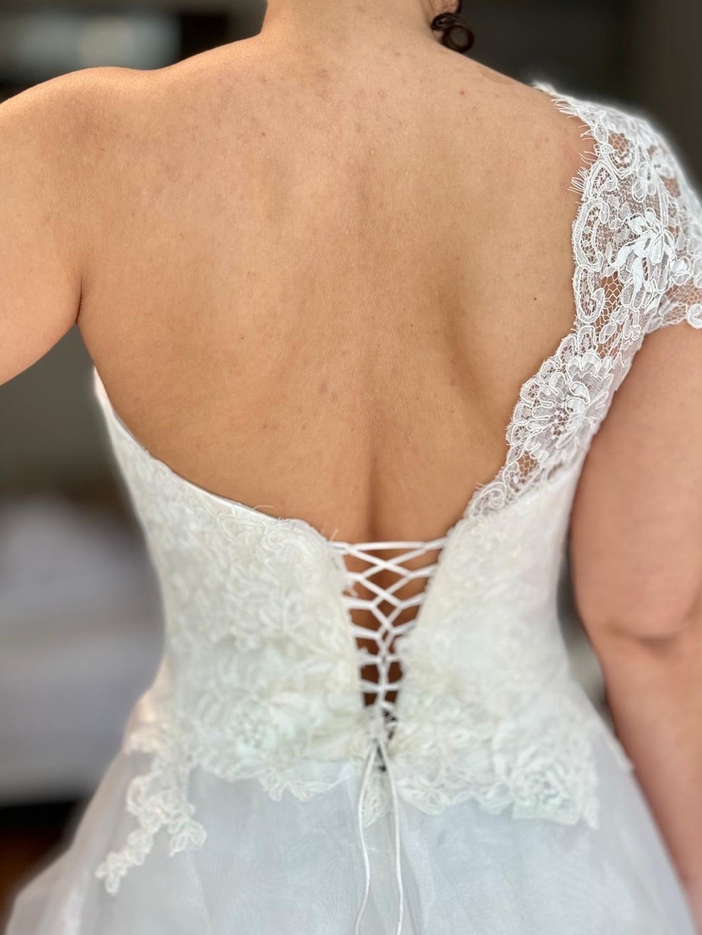 White Lace One-Shoulder Wedding Dress with Corset Back